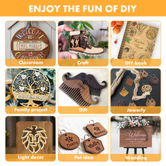 Collage featuring DIY projects with Creality Falcon's Rubberwood Spliced Plywood: classroom sign, mini boot craft, custom kitchen book, family plaque, comb set, jewelry, lion light decor, pet signs, and wedding sign. Titled "Enjoy the Fun of DIY" on an orange banner.