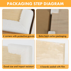 The packaging diagram for Creality Falcon's Rubberwood Spliced Plywood (1/8" x 11.8" x 11.8", 6pcs) shows protective foam at four corners, eco-friendly materials, and extra hard carton packaging with six wooden boards sealed with film, emphasizing product safety and sustainability practices.