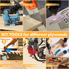 Collage of tools for plywood work: Top row features electrical jigsaw, hand saw, laser cutting; bottom row shows table saw, laser engraving, eco-friendly materials. Text: "DIY TOOLS for different plywoods." Includes Creality Falcon's Rubberwood Spliced Plywood for Laser Engraving/Cutting.