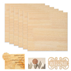 The Creality Falcon Rubberwood Spliced Plywood consists of six eco-friendly panels (1/8" x 11.8" x 11.8"), ideal for laser engraving and crafting with designs like floral plaques, abstract mountains, and "Welcome" signs on a white surface.