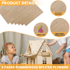 A ponytailed girl admires a wooden dollhouse made from Creality Falcon's eco-friendly Rubberwood Spliced Plywood, size 1/8" x 11.8" x 11.8", perfect for laser engraving and cutting. The image shows six packs with uniform color, smooth texture, and neat edges. Text reads "Product Details.