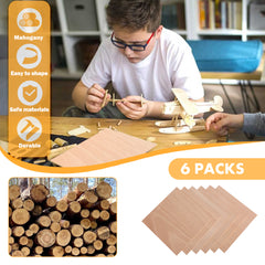 A child with glasses is carefully assembling a wooden model airplane crafted from Creality Falcon Mahogany Plywood Sheets. Made of eco-friendly mahogany, these 1/8" x 11.8" x 11.8" sheets are easy to shape and ideal for laser engraving, featuring intricate designs on a pack of six.