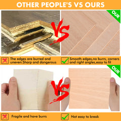 Comparison image of wood panels: left shows rough-edged labeled "Other People's" with red marks, right displays Creality Falcon's Mahogany Plywood Sheets with smooth edges and green check marks, showcasing superior quality and eco-friendly material.