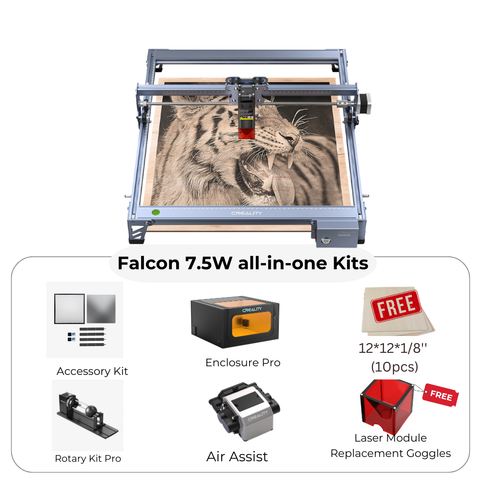 An image depicts the CrealityFalcon CR-Laser Falcon 7.5W Laser Engraver with a detailed tiger engraving. The accessories shown below include an accessory kit, Enclosure Pro, air assist, rotary kit pro, a large workspace for various projects, 10 pieces of 12"x12"x1/8" material, and laser module replacement goggles.