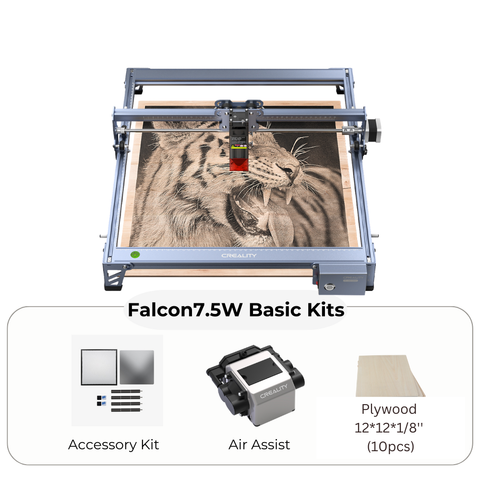 Image of the CrealityFalcon CR-Laser Falcon 7.5W Laser Engraver with a compressed spot for precise detailing. The device is engraving a detailed image of a tiger on wood within its large workspace. The kit includes an accessory kit, air assist module, and ten pieces of 12x12x1/8 inch plywood. "CR-Laser Falcon 7.5W Basic Kits" is written above these additions.
