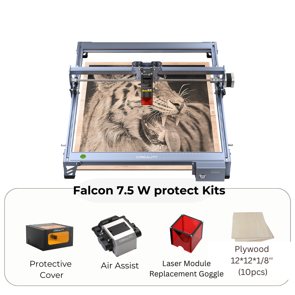 Image of a CrealityFalcon CR-Laser Falcon 7.5W Laser Engraver printing a tiger sketch on wood. Below are the product components: a protective cover, an air assist module, laser module replacement goggles, and 10 pieces of plywood (12"x12"x1/8"). With its large workspace and compressed spot technology, the text reads "Falcon 7.5W Protect Kits.