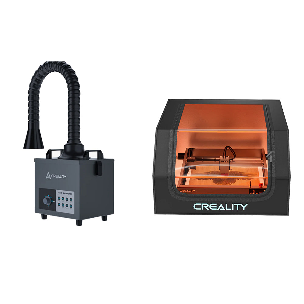 On the left is a Creality Falcon Air Purifier with HEPA filters and low-noise operation. On the right is a Creality 3D printer in an orange-tinted protective case. Both devices ensure efficient and quiet performance, branded with "Creality" logos for your workspace.