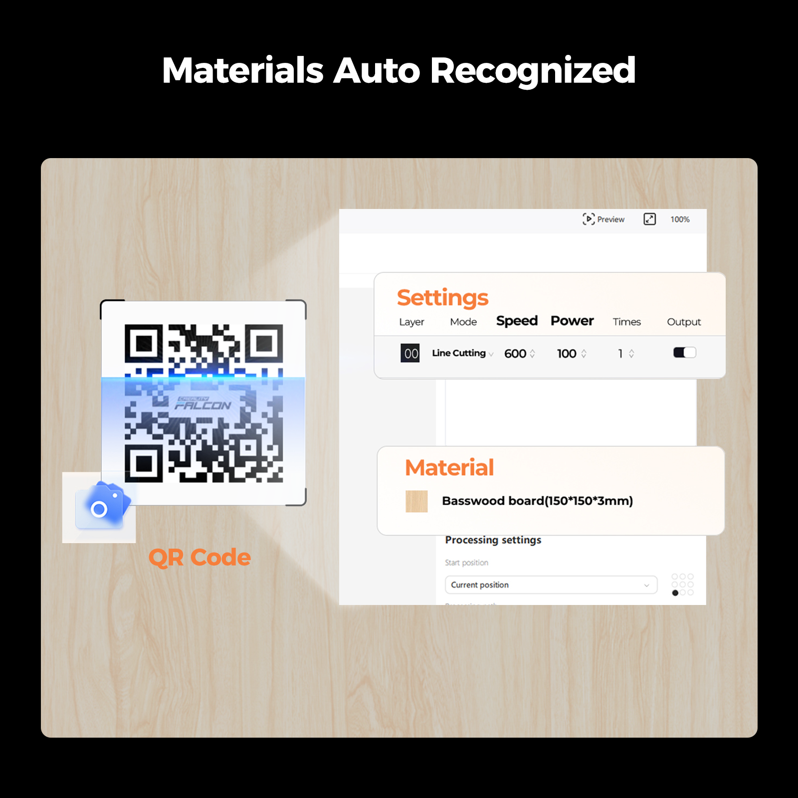 The Falcon A1 10W Enclosed Laser Engraver and Cutter by Creality Falcon features a digital interface with a "QR Code" for adjustable speed and power settings, showcasing CoreXY design ingenuity. "Auto Materials Recognized" displays, showing "Material: Basswood board (150*150*3mm)" with processing settings.