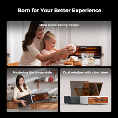 A mother and daughter craft with the compact Falcon A1 10W Laser Engraver, ideal for any space. Another image shows a woman holding the engraver, showcasing its dual window feature. Text reads: "Born for Your Better Experience, More space-saving design, Mastering home style, Dual window with clear view.