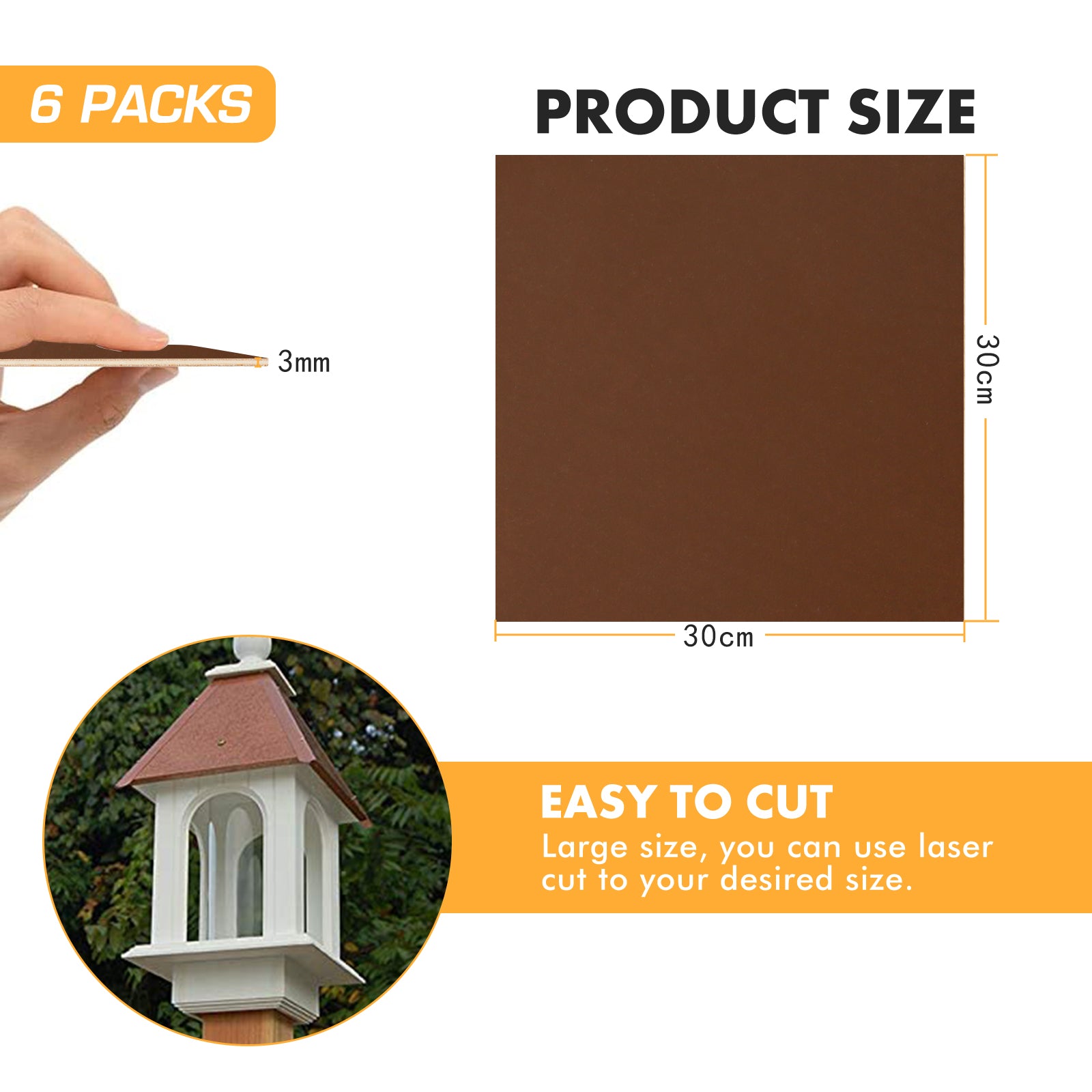 An image depicts a hand holding a 3mm thick brown sheet that resembles Brown Wood, from the Halloween Crafting Bundle by Creality Falcon. Beside it is a 30cm x 30cm brown square. Below, there's a photo of a birdhouse roof with text emphasizing how easy the product is to cut.