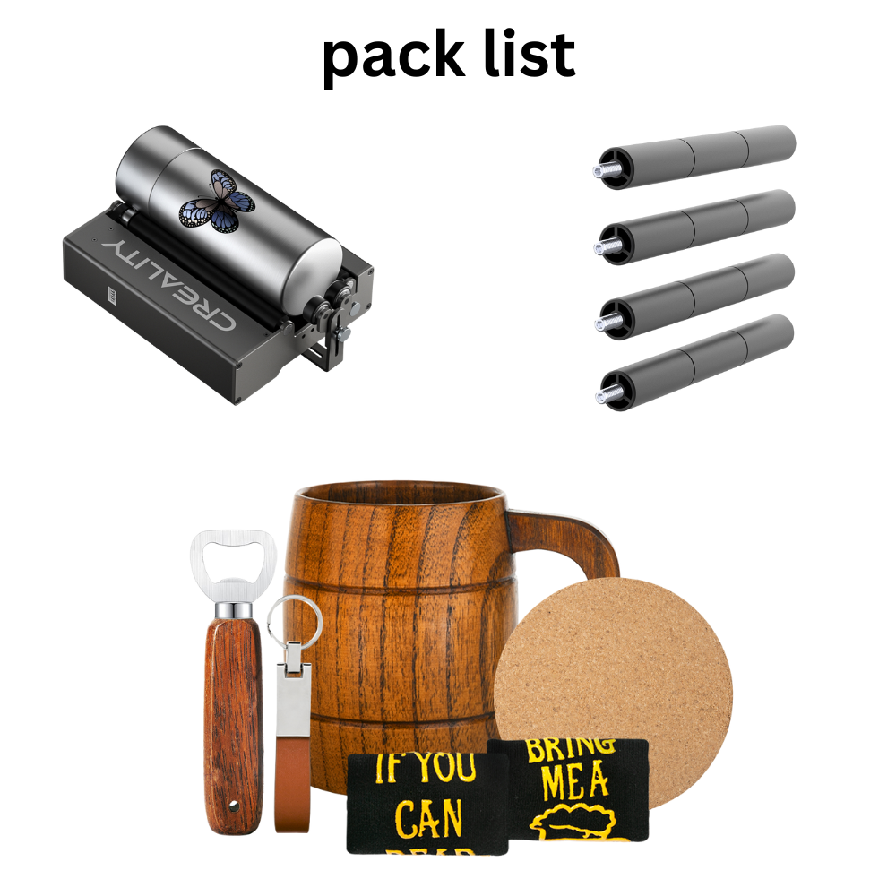 A collage labeled "pack list" includes a Falcon-engraved pocket knife, three flashlight torches, a wooden mug from the DIY Wooden Cups Gift Set for Laser Engraver by Creality, a cork coaster, a bottle opener keychain, and black socks with yellow text.