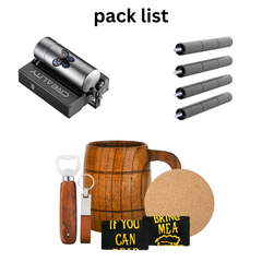 A collage labeled "pack list" includes a Falcon-engraved pocket knife, three flashlight torches, a wooden mug from the DIY Wooden Cups Gift Set for Laser Engraver by Creality, a cork coaster, a bottle opener keychain, and black socks with yellow text.