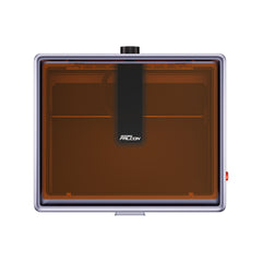 The Creality Falcon A1 10W Enclosed Laser Engraver and Cutter has a translucent orange cover, a rectangular design with CoreXY technology, a central logo panel, and top control knob. Its compact metallic frame fits anywhere and features auto material recognition plus a small red side button.