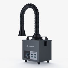 The Creality Air Purifier for 10W Engraving Machines by Creality Falcon features a flexible, adjustable hose and wide nozzle, HEPA filters, a control panel with buttons and indicators, a rectangular body with side handles, and offers low-noise operation for efficient fume removal in work environments.