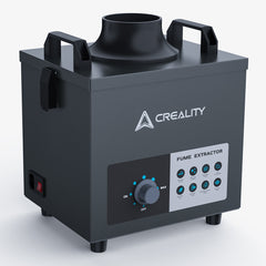 The black Creality Falcon Air Purifier for 10W Engraving Machines has front control knobs, an indicator panel, HEPA filters for clean air, and operates quietly. Featuring a cylindrical outlet on top and side handles, it is set against a plain light background.