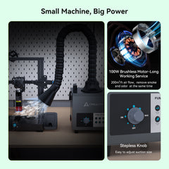 Collage displaying the Creality Falcon Air Purifier for 10W Engraving Machines. Left: Purifier with adjustable hose in use. Top right: Motor close-up. Bottom right: Stepless control knob close-up. Header reads "Small Machine, Big Power." Quiet operation suits any setting perfectly.