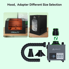 Image displaying Creality Falcon Air Purifier for 10W Engraving Machines. Features include an orange-tinted cover, quiet black enclosure, and smoke extractor with adjustable hose and multiple nozzles. Text: "Hood, Adapter Different Size Selection.