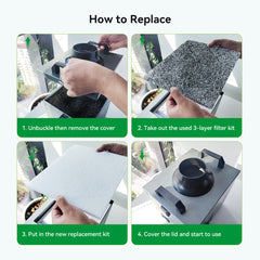 Steps to replace the filter in a Creality Falcon Air Purifier for 10W Engraving Machines: 1. Unbuckle and remove the cover. 2. Take out the used HEPA filter. 3. Insert a new one for low noise operation. 4. Cover and start using effortlessly.