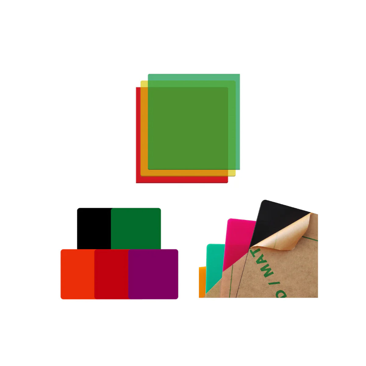 A set of Creality Falcon's Eclectic Colorful Acrylic Supplies features three sets: translucent squares in green, yellow, and red on top, and solid rectangles in black, red, green, and purple below. It showcases both opaque glossy and flexible transparent acrylic. Mega Pack includes 60 pieces.