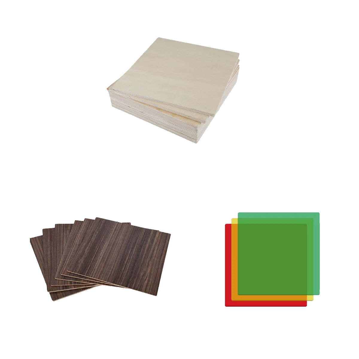 Basswood, Walnut Plywood and Acrylic Sheets Mega Pack for Laser Engraving and Cutting - 30pcs