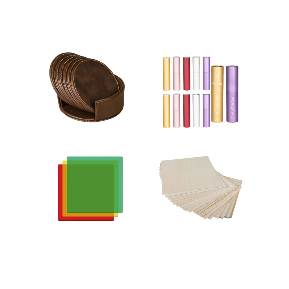 Complete Crafting Bundle: Leather Coasters, Perfume Spray Bottles, Acrylic & Basswood Sheets