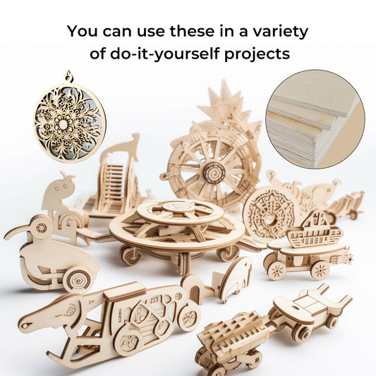 A collection of various wooden DIY kits is displayed on a white background, perfect for crafts or projects with an engraver. The image includes assembled wooden models of vehicles, animals, a carousel, and decorative pieces. Inset images show detailed views of the laser-cut sheets used for the projects. Text above reads, "You can use these 8*8*1/8'' Laser Module Basswood Plywood Sheets(10pcs) from CrealityFalcon in a variety of do-it-yourself projects.