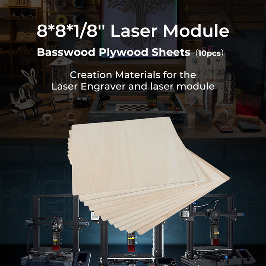 A stack of CrealityFalcon 8*8*1/8'' Laser Module Basswood Plywood Sheets(10pcs) is fanned out to show the edges and surface. The panels have a light natural wood finish and smooth texture, perfect for DIY projects or use with a laser engraver. 1000