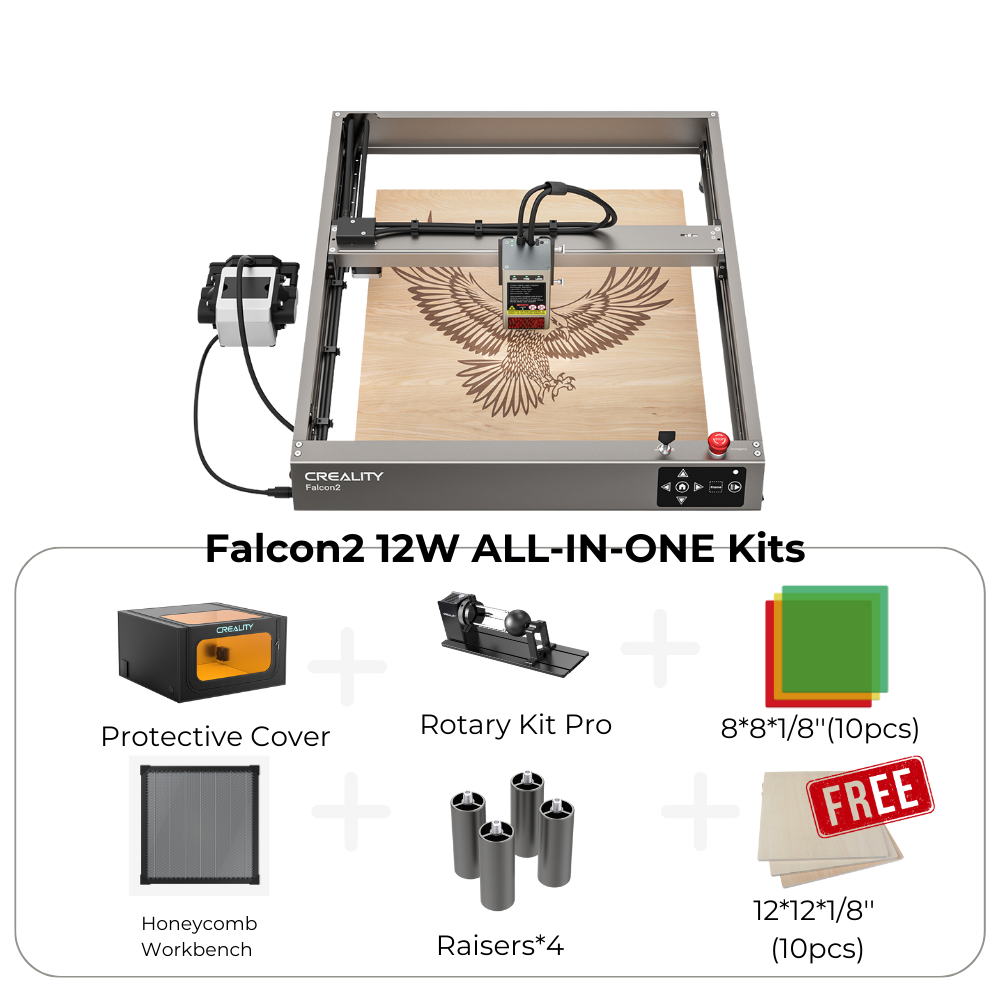 An image showcasing the ultra-fast CrealityFalcon Falcon2 12W Laser Engraver and Cutter. Features include a laser engraving machine with an etched eagle on wood, protective cover, integrated air assist, rotary kit, honeycomb workbench, four raisers, and sets of 8"x8"x1/8" and 12"x12"x1/8" engraving materials.