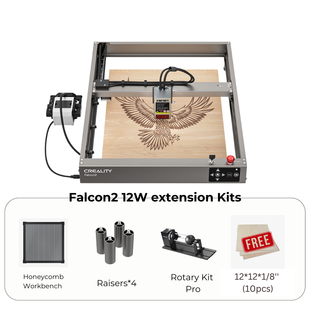 Image of the CrealityFalcon Falcon2 12W Laser Engraver and Cutter set up, featuring an ultra-fast 12W laser module. The setup includes a honeycomb workbench, integrated air assist, four raisers, a rotary kit pro, and ten free 12"x12"x1/8" wooden sheets. The laser engraver is engraving an eagle on a wooden board.