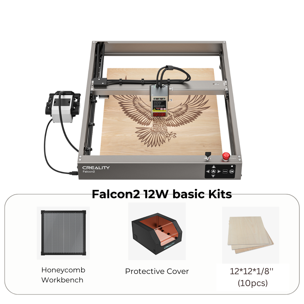 Image of the CrealityFalcon Falcon2 12W Laser Engraver and Cutter, showcasing ultra-fast engraving of an eagle on a wooden board. Below, see three items: a honeycomb workbench, protective cover, and ten 12"x12"x1/8" wooden sheets, labeled "Falcon2 12W Basic Kit.