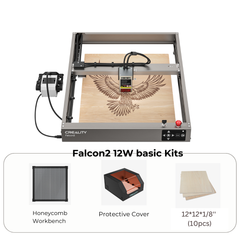 Image of the CrealityFalcon Falcon2 12W Laser Engraver and Cutter, showcasing ultra-fast engraving of an eagle on a wooden board. Below, see three items: a honeycomb workbench, protective cover, and ten 12"x12"x1/8" wooden sheets, labeled "Falcon2 12W Basic Kit.