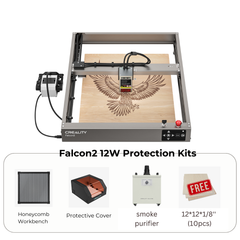 Image of a CrealityFalcon Falcon2 12W Laser Engraver and Cutter set up with an engraved eagle image on wood. Below, four protection kit items are shown: a honeycomb workbench, a protective cover, an integrated air assist smoke purifier, and a pack of ten 12"x12"x1/8" wood pieces labeled "FREE".