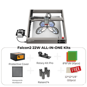 A CrealityFalcon Falcon2 40W laser engraver is depicted with a butterfly design in progress on the included basswood plywood sheet. The image highlights the Falcon2 40W Laser Engraver Bundle All-in-one Kits, including a protective cover, rotary kit pro, honeycomb workbench, four raisers, and multiple size materials.