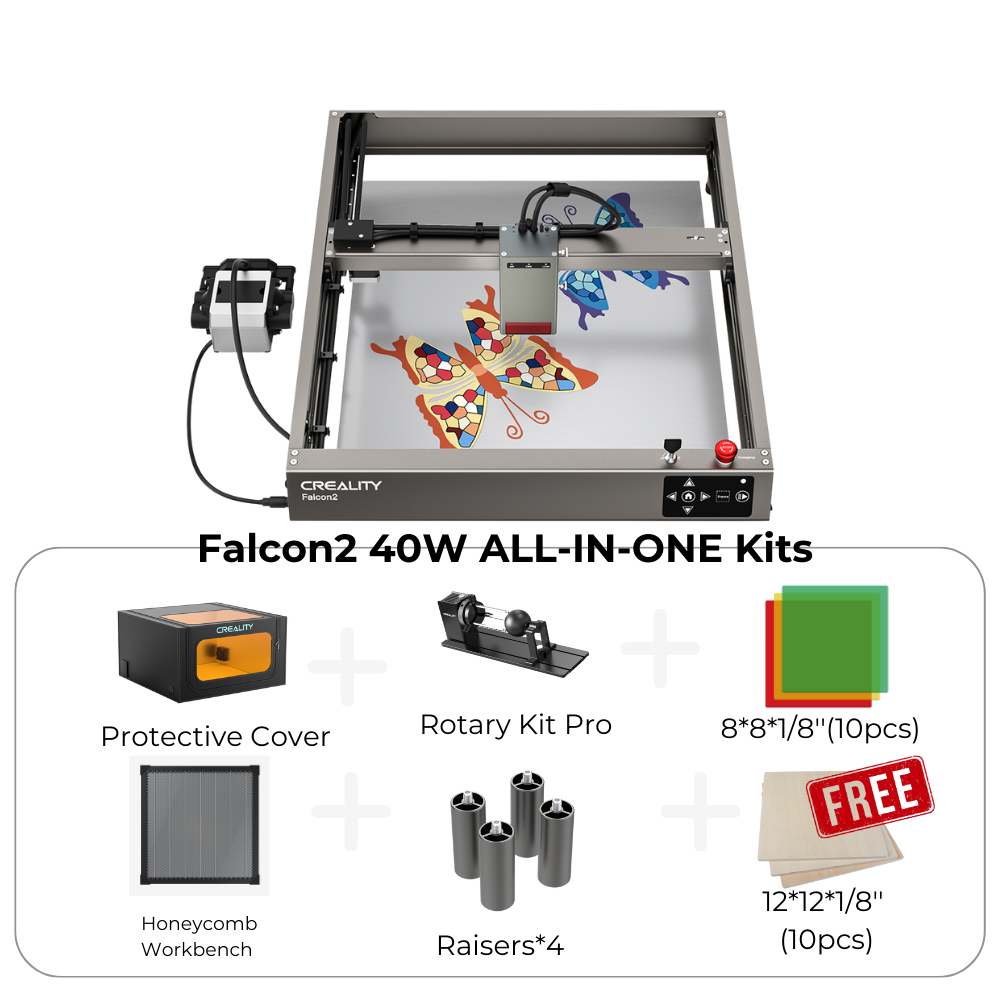 Image of a CrealityFalcon Falcon2 40W Laser Engraver Bundle All-in-one Kit. The top section displays the laser engraver in action, producing colorful butterfly designs on the work surface. The bottom section highlights the included accessories: protective cover, rotary kit pro, honeycomb workbench, acrylic sheets, basswood plywood sheets (10 pieces each), and raisers (4).