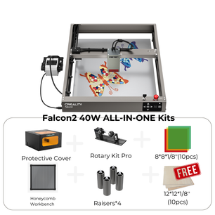 An image showcasing the CrealityFalcon Falcon2 40W Laser Engraver and Cutter with its powerful 40W laser. The kit includes a 3D printer in the background, colorful butterfly models, and labeled components such as a protective cover, Rotary Kit Pro, honeycomb workbench, and various workpiece sizes—ensuring fast cutting speeds and a durable anodized aluminum structure.