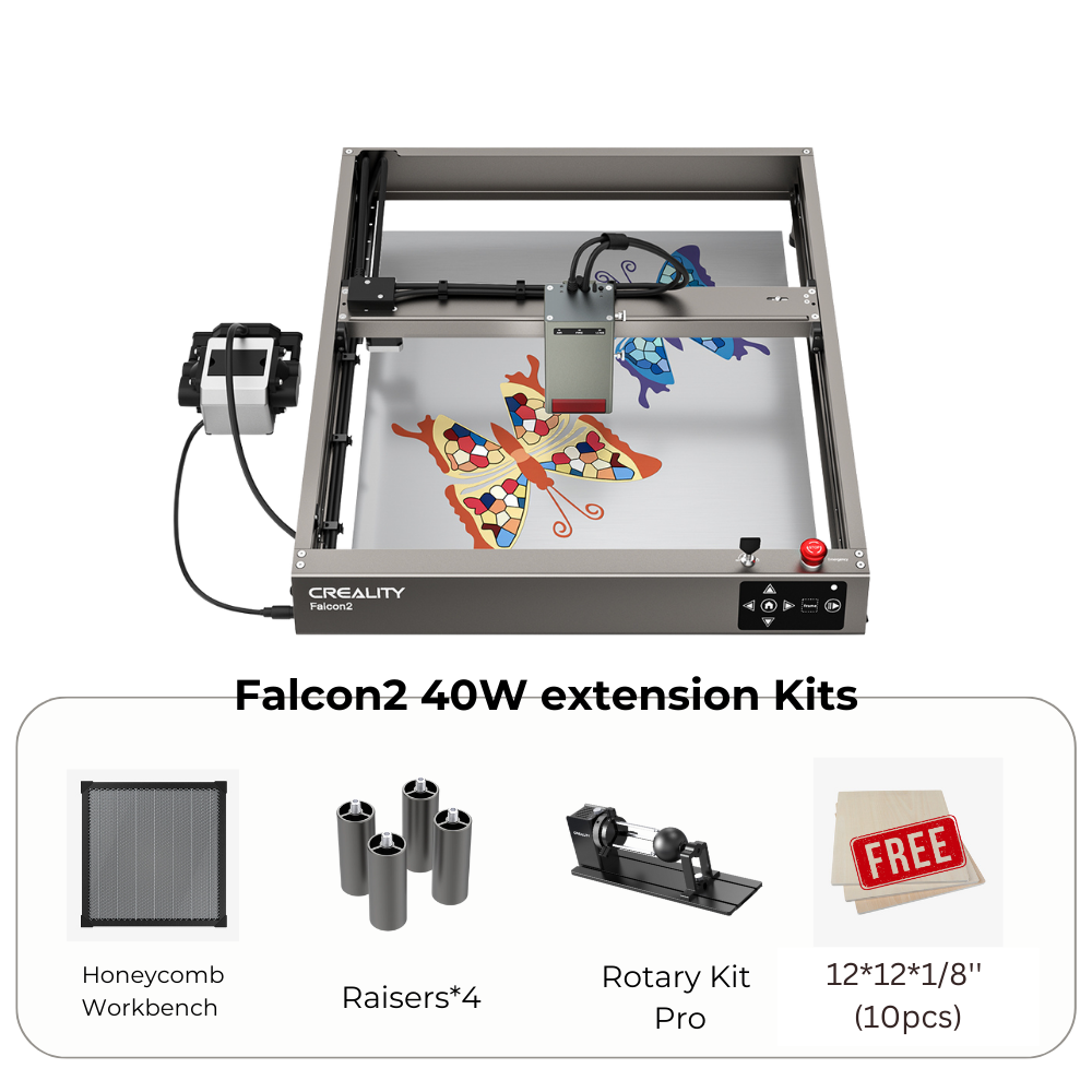 An image of the CrealityFalcon Falcon2 40W Laser Engraver and Cutter, highlighting its durable anodized aluminum structure, etching a butterfly design on a flat surface. Below the engraver are images and text showcasing additional components: a honeycomb workbench, four raisers, a rotary kit pro, and ten 12"x12"x1/8" boards.