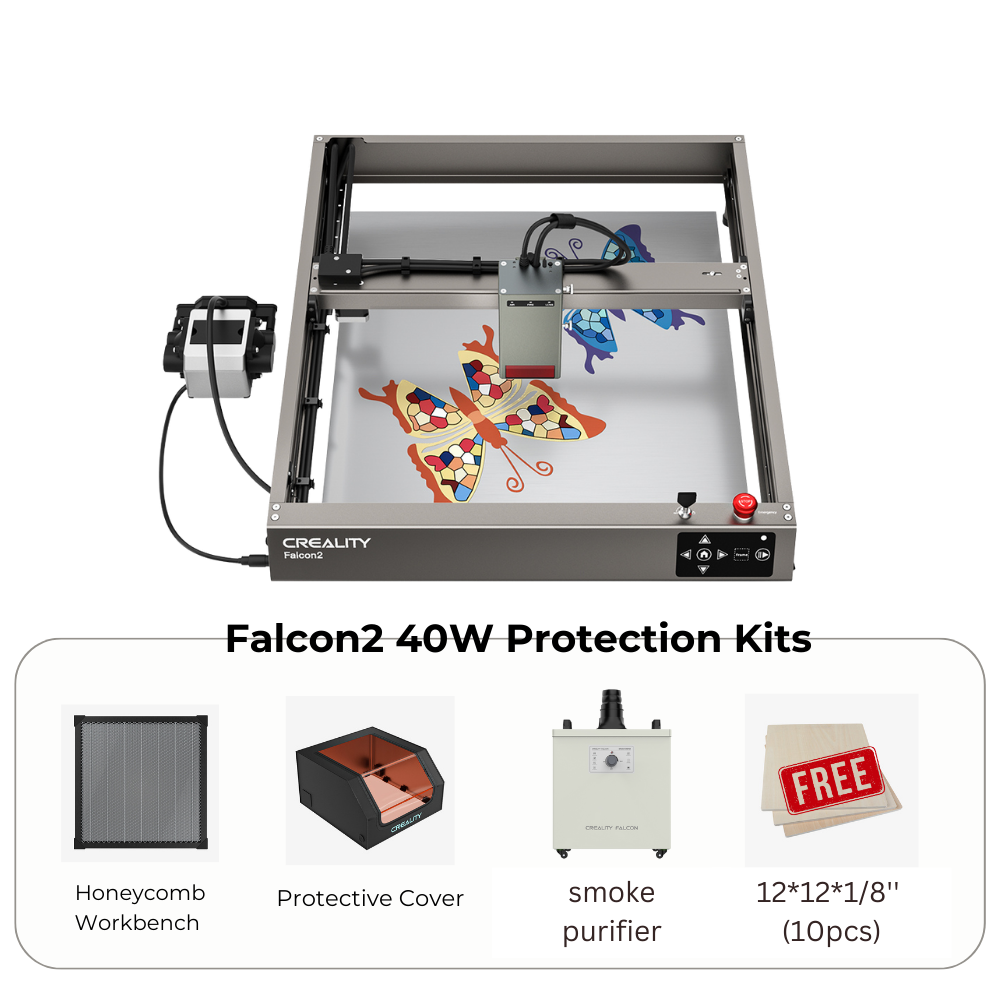 An image of a CrealityFalcon Falcon2 40W Laser Engraver and Cutter, renowned for its fast cutting speed, crafting a colorful butterfly design on a flat surface. Below are images and names of the protection kit contents: a honeycomb workbench, protective cover, smoke purifier, and a set of ten 12"x12"x1/8" boards.