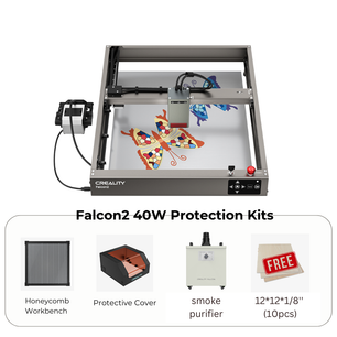 An image of a CrealityFalcon Falcon2 40W Laser Engraver and Cutter, renowned for its fast cutting speed, crafting a colorful butterfly design on a flat surface. Below are images and names of the protection kit contents: a honeycomb workbench, protective cover, smoke purifier, and a set of ten 12