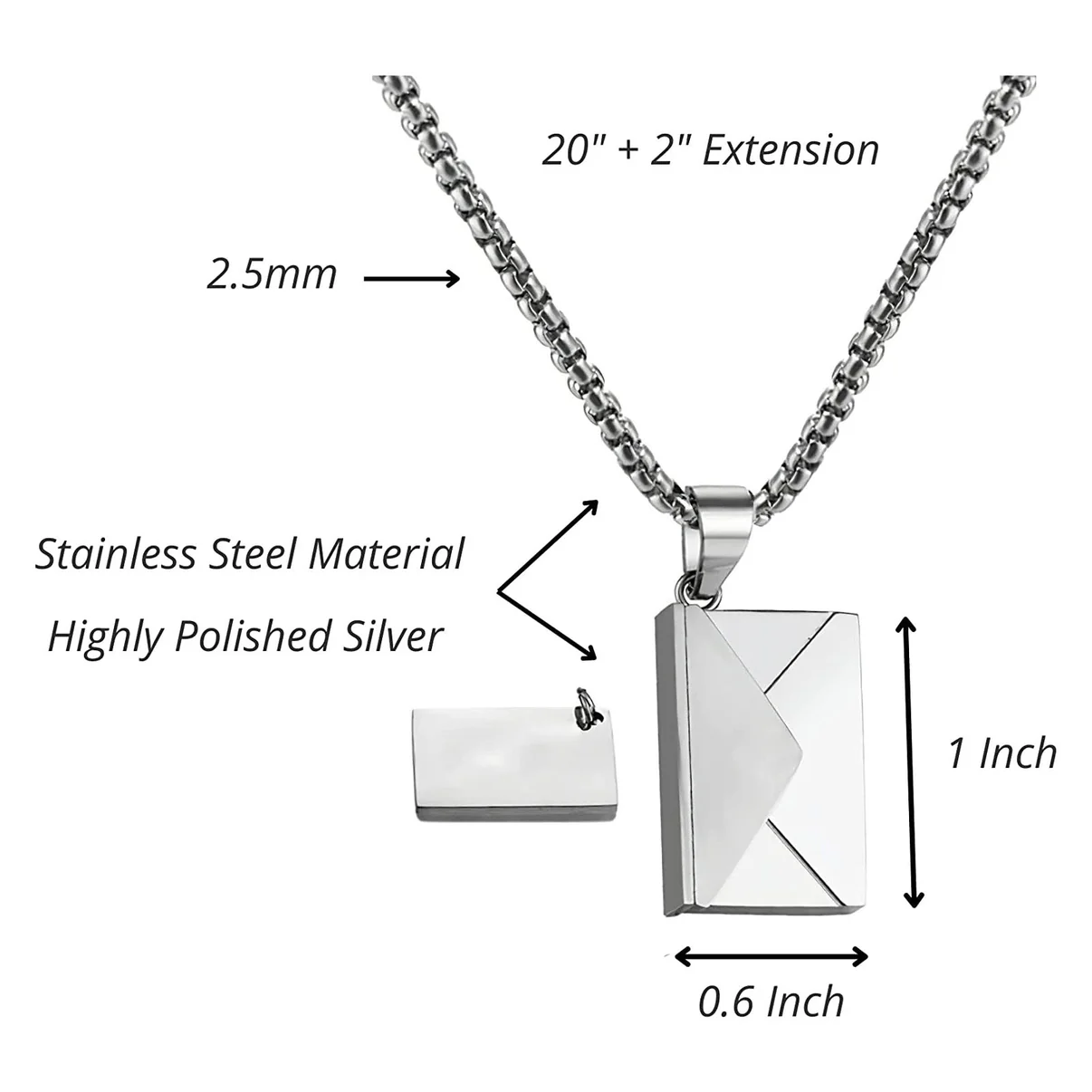 The Creality Falcon Love Letter Envelope Necklaces set includes two stainless steel necklaces featuring a sleek, laser-engraved pendant. Each polished silver rectangular piece measures 1 inch by 0.6 inch and is 2.5mm thick, accompanied by a 20-inch chain with a 2-inch extension and finished with a magnetic clasp for effortless wear.