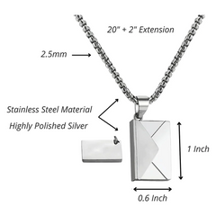 The Creality Falcon Love Letter Envelope Necklaces set includes two stainless steel necklaces featuring a sleek, laser-engraved pendant. Each polished silver rectangular piece measures 1 inch by 0.6 inch and is 2.5mm thick, accompanied by a 20-inch chain with a 2-inch extension and finished with a magnetic clasp for effortless wear.