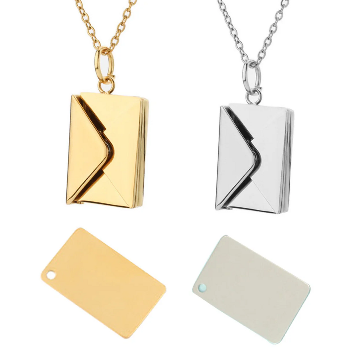 The Love Letter Envelope Necklaces - 2pcs from Creality Falcon include one gold and one silver necklace, each with an envelope design made from stainless steel. Below the necklaces are matching rectangular cards with small corner holes in corresponding colors. The chains are thin and delicate.