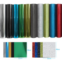 Eight rolls of CrealityFalcon 10pcs HTV Heat Transfer Vinyl Paper for Falcon Laser Engraving lined up vertically in a variety of colors. Below them are two sample sets: one showing plain metallic colors with measurements and the other showing glittery vinyl sheets also with measurements—ideal for various crafts or use with a laser engraver.