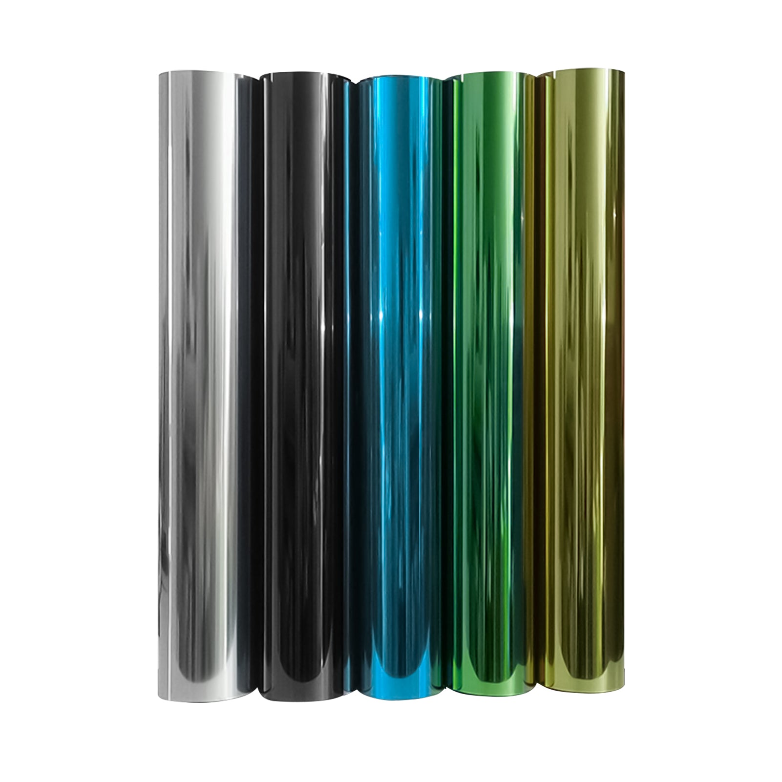 Five metallic rolls of adhesive vinyl in silver, black, blue, green, and gold are lined up vertically next to each other on a white background. The glossy and reflective surfaces make them perfect for use with a 10pcs HTV Heat Transfer Vinyl Paper for Falcon Laser Engraving from CrealityFalcon.