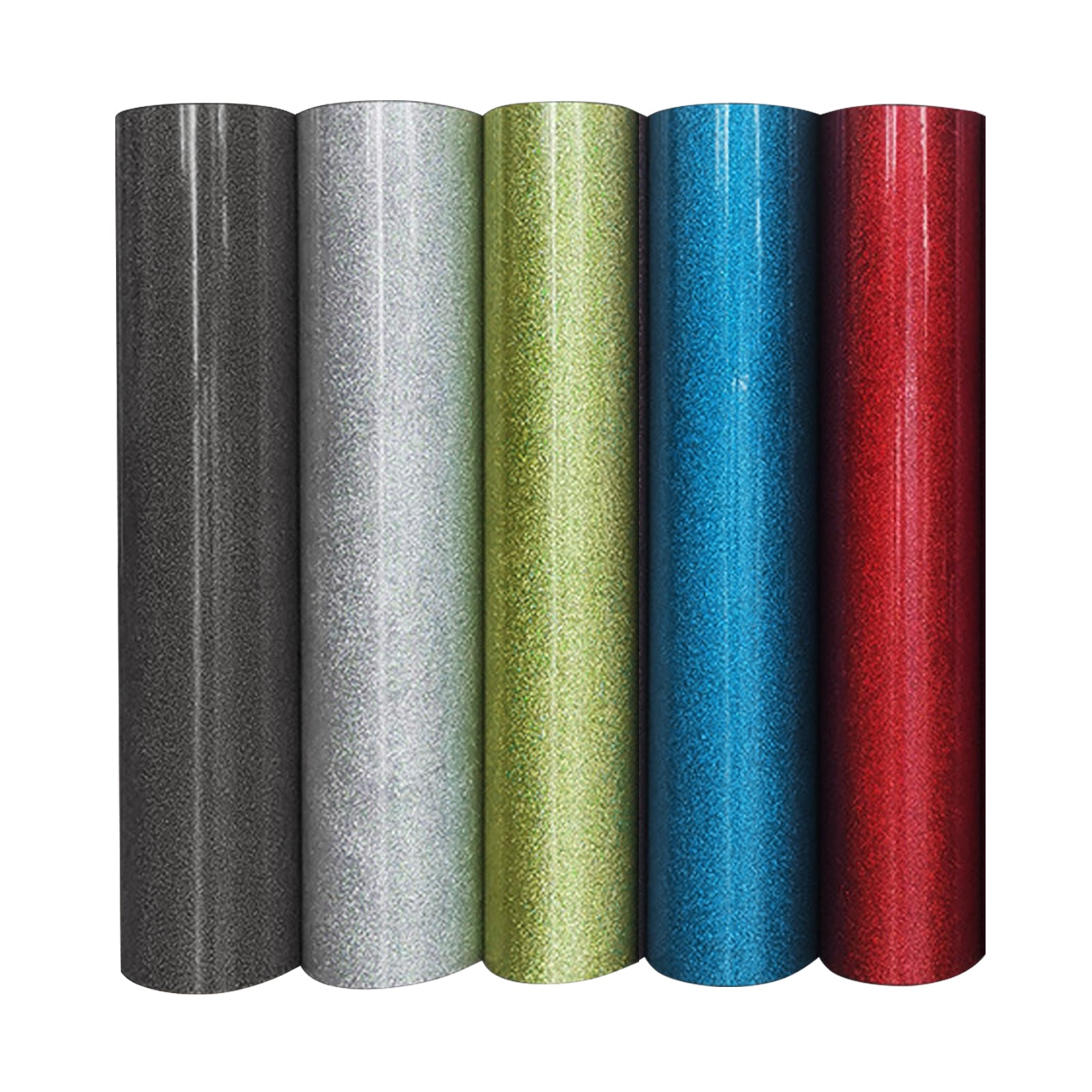 Five rolls of 10pcs HTV Heat Transfer Vinyl Paper for Falcon Laser Engraving stand upright in a row. From left to right, the colors are black, silver, green, blue, and red. Each roll has a shiny, sparkly finish perfect for customizing with your CrealityFalcon laser engraver.