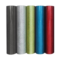 Five rolls of 10pcs HTV Heat Transfer Vinyl Paper for Falcon Laser Engraving stand upright in a row. From left to right, the colors are black, silver, green, blue, and red. Each roll has a shiny, sparkly finish perfect for customizing with your CrealityFalcon laser engraver.