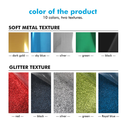 Image displaying color and texture options for 10pcs HTV Heat Transfer Vinyl Paper for Falcon Laser Engraving, ideal for crafts or use with an engraver. It shows 10 colors divided into two textures: "Soft Metal" (dark gold, sky blue, silver, green, black) and "Glitter" (red, black, silver, green, Royal blue). Text at the top reads "color of the CrealityFalcon product".