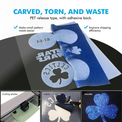 An image showing 10pcs HTV Heat Transfer Vinyl Paper for Falcon Laser Engraving by CrealityFalcon. The top section highlights "Carved, Torn, and Waste," with a blue sparkling design. Below are three steps for crafts: using a plotter or laser engraver to cut a pattern, removing excess material, and transferring the design onto a surface.