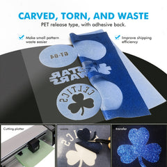 An image showing 10pcs HTV Heat Transfer Vinyl Paper for Falcon Laser Engraving by CrealityFalcon. The top section highlights "Carved, Torn, and Waste," with a blue sparkling design. Below are three steps for crafts: using a plotter or laser engraver to cut a pattern, removing excess material, and transferring the design onto a surface.