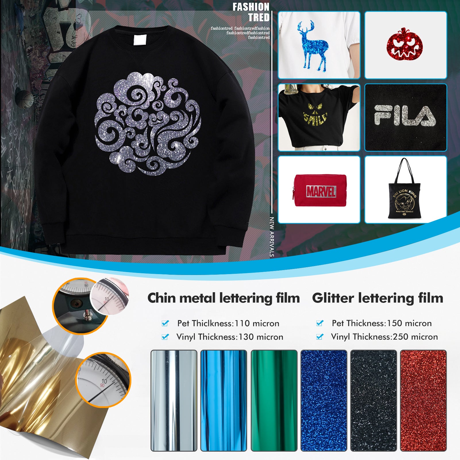 An image displaying various examples of apparel and accessories with printed designs using chin metal lettering film and glitter lettering film. Items include a black sweater with a swirling design, various T-shirts, vinyl rolls in metallic colors, and glitter—all created with precision using 10pcs HTV Heat Transfer Vinyl Paper for Falcon Laser Engraving by CrealityFalcon.