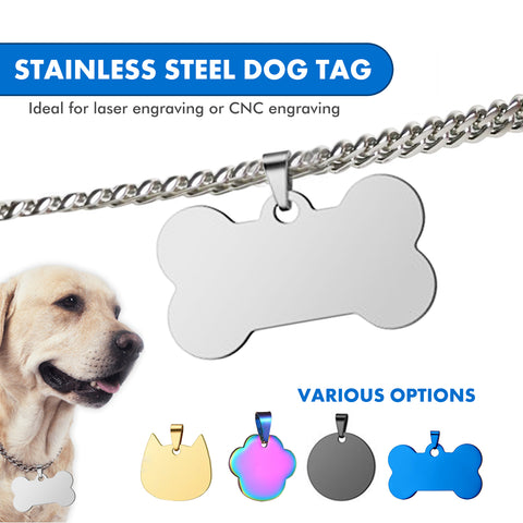 An advertisement showcasing the 20pcs Titanium Steel Blank Stamping Tags Pets Tag Metal Pendant Charms for Falcon Laser Engraving, perfect for laser or CNC engraving with your CrealityFalcon. The ad features a dog proudly wearing one of the tags and offers various color options, including gold, rainbow, black, and blue. Ideal for personalized crafts.